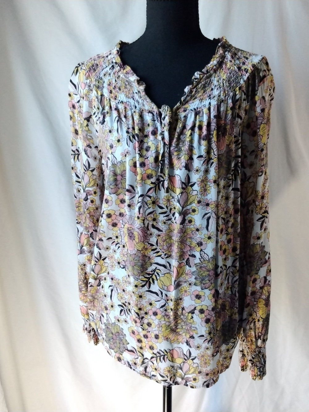 Jane and Delancey Pastel Multi Floral Smocked Long-Sleeve Blouse